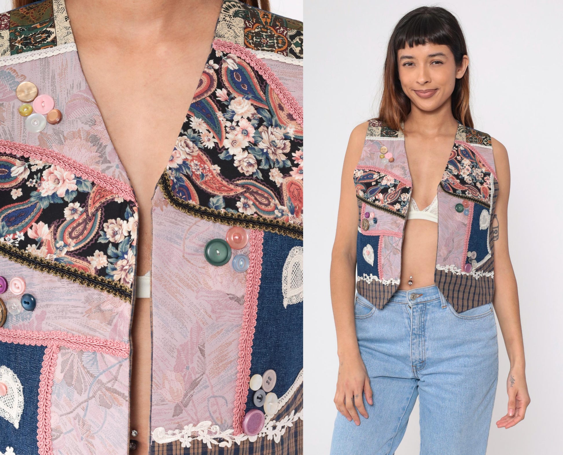 90s Reversible Patchwork Vest Chambray Plaid Floral Lace Heart Small