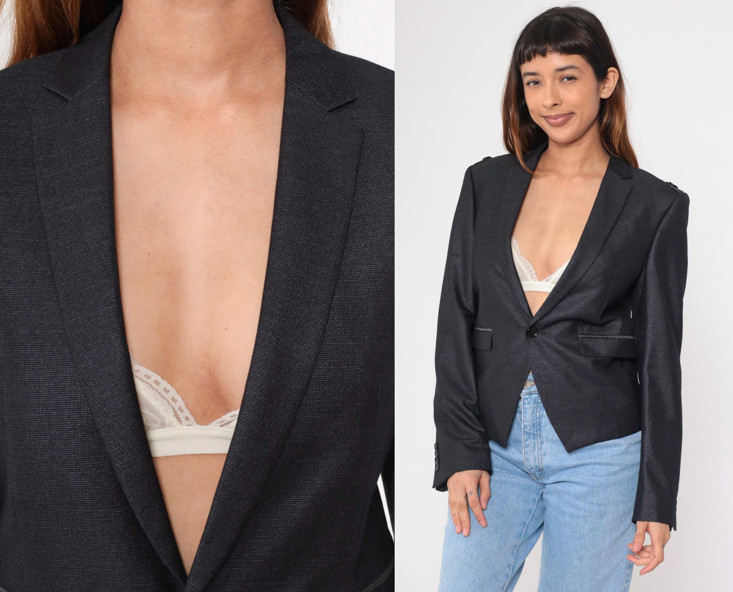Y2K Black Fitted Blazer Military Epaulette Deep V Neck Button Up Extra Small