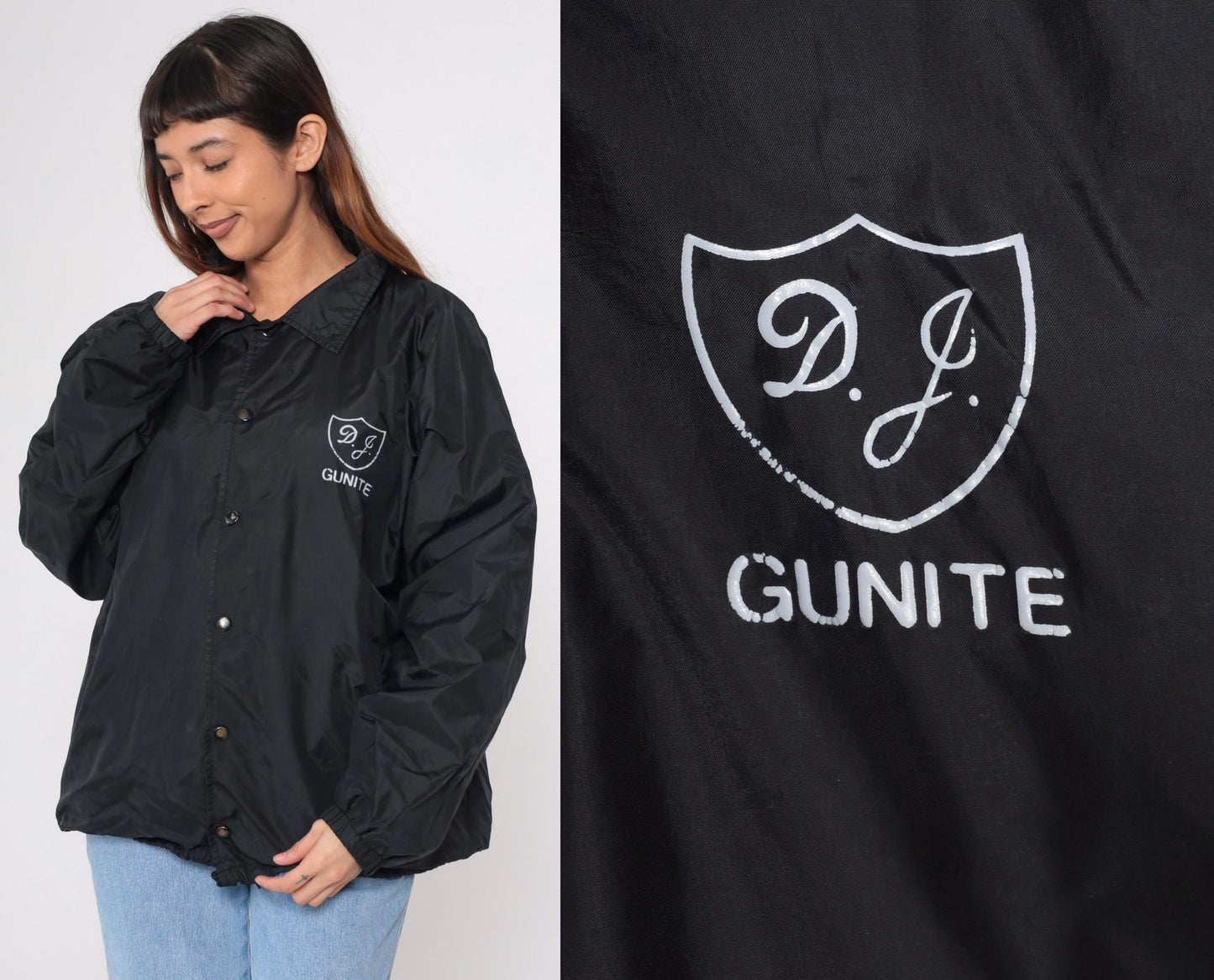 90s DJ Gunite Trucking Black Nylon Coaches Jacket Huntington Beach Extra Large XL