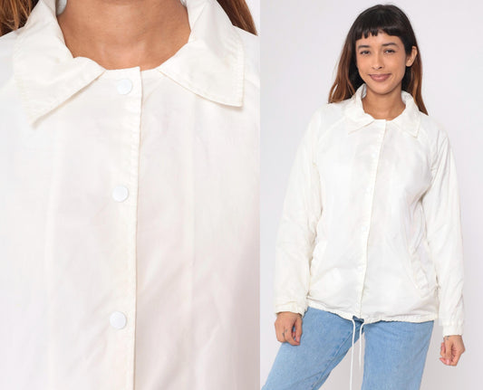 80s White Nylon Windbreaker Jacket Snap Raglan Sleeve Medium
