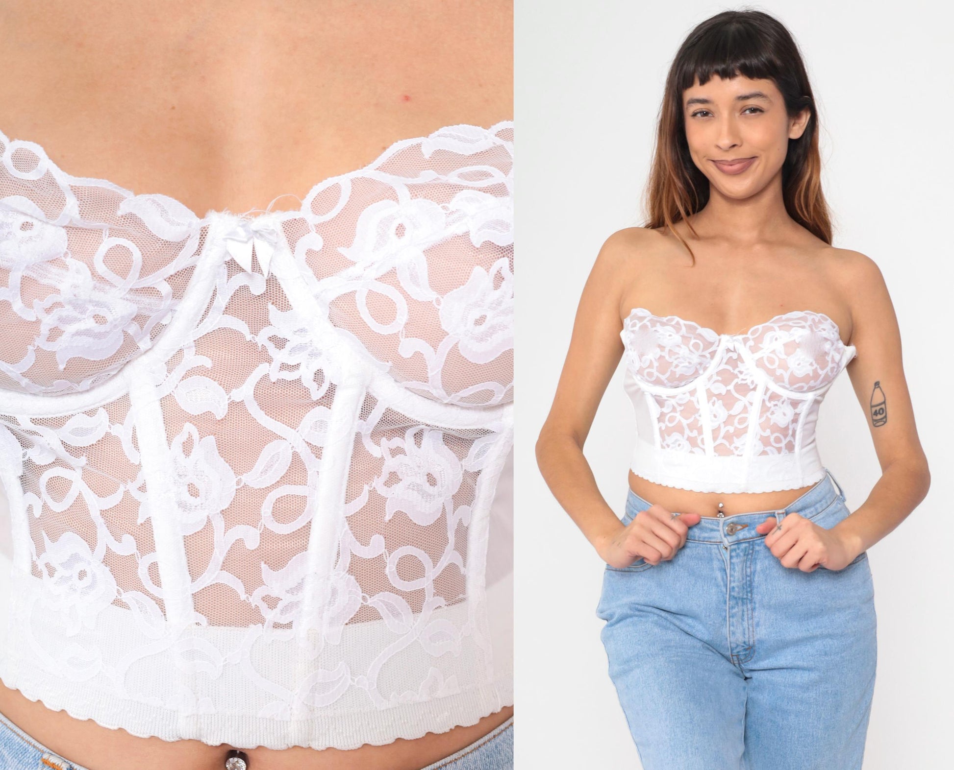 80s White Lace Bustier Corset Boned Strapless Sweetheart Bra 36C