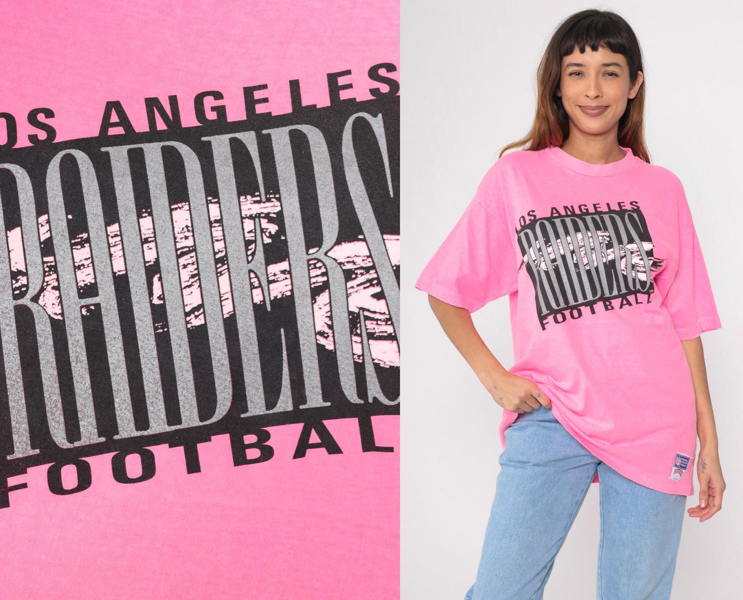 90s Los Angeles Raiders Neon Pink NFL Graphic T-Shirt Cotton Large L