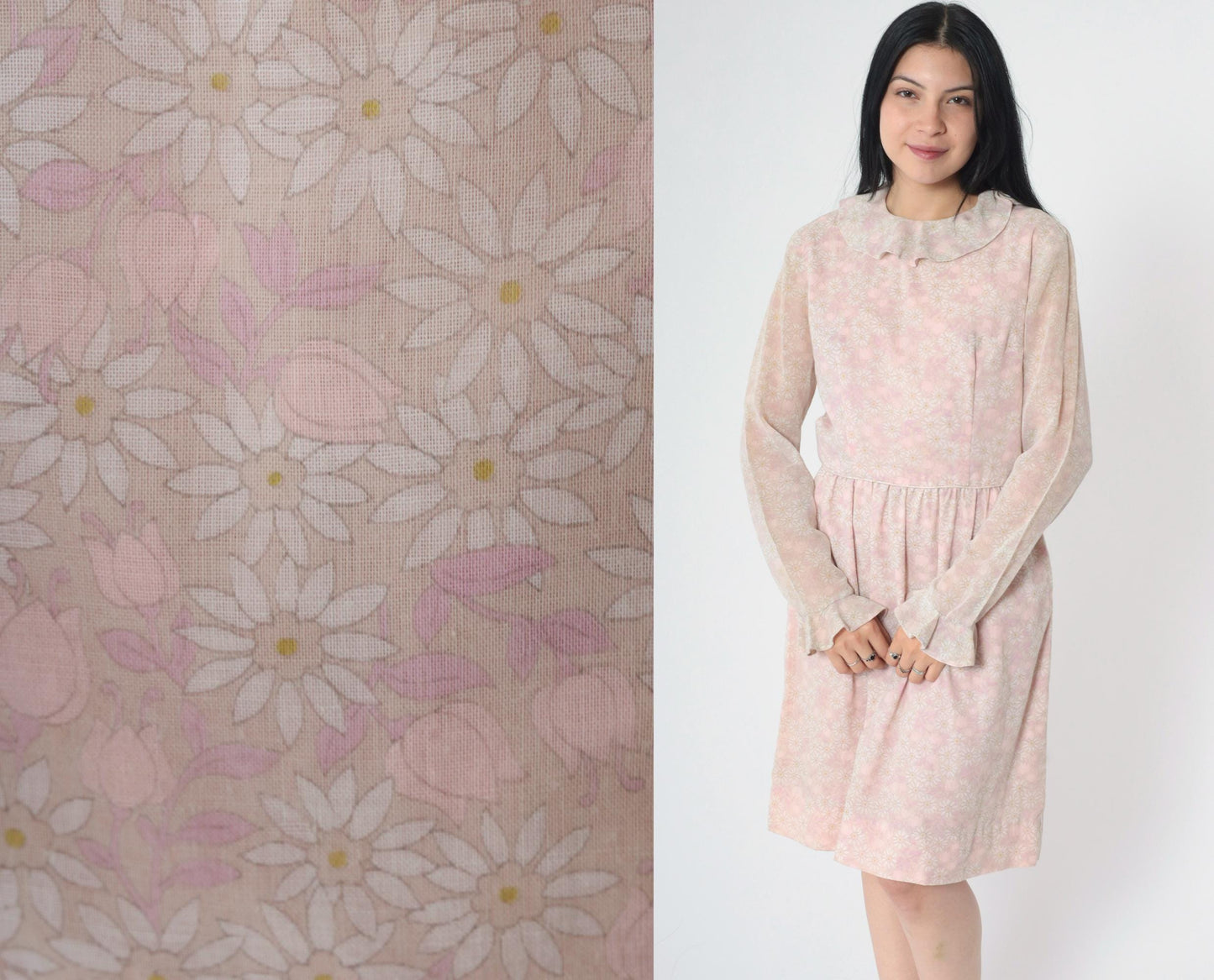 1960s Pink Floral Dress Sheer Bell Sleeve Ruffle Collar Knee Length Medium