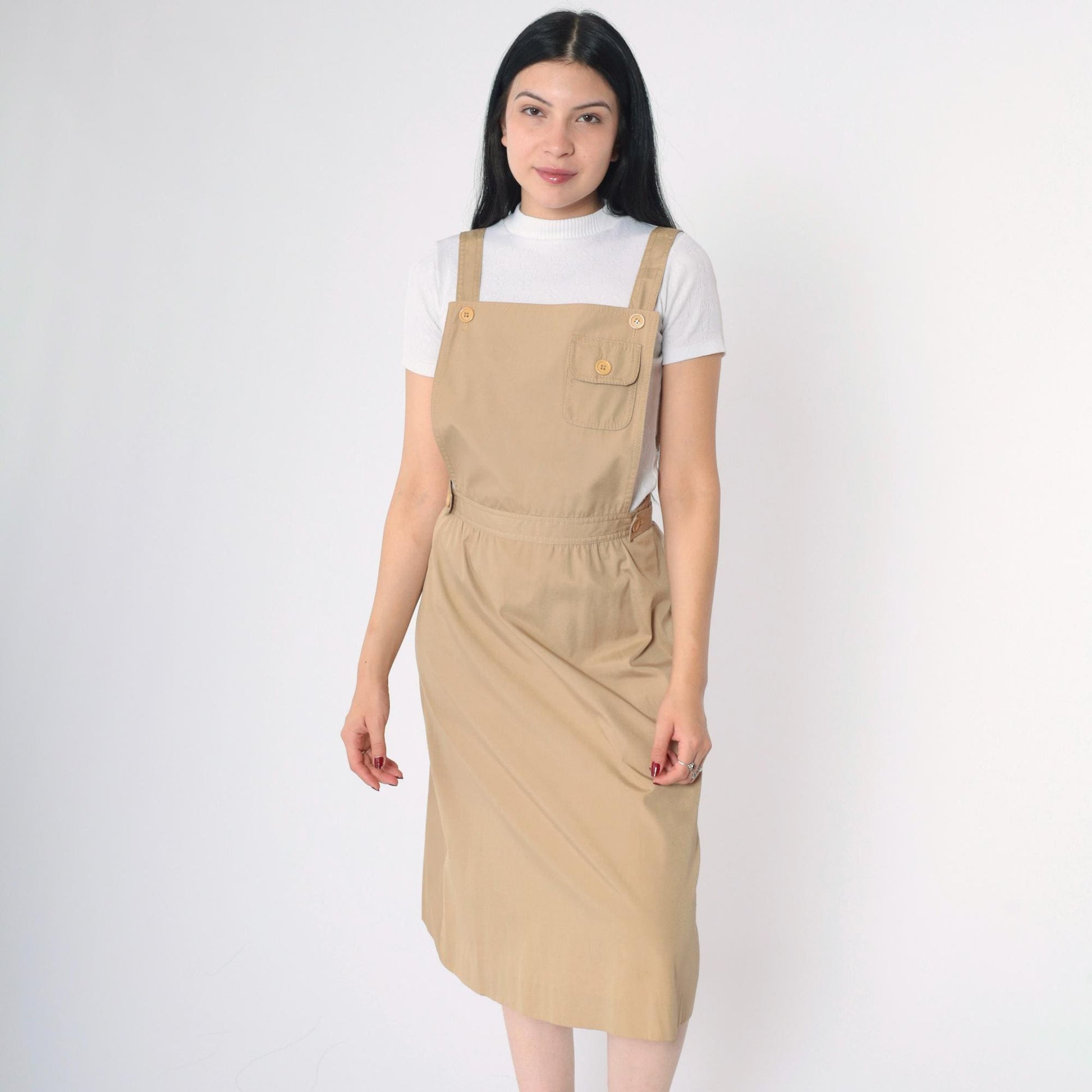 70s Khaki Midi Pinafore Dress High Waist Sleeveless Pockets Small