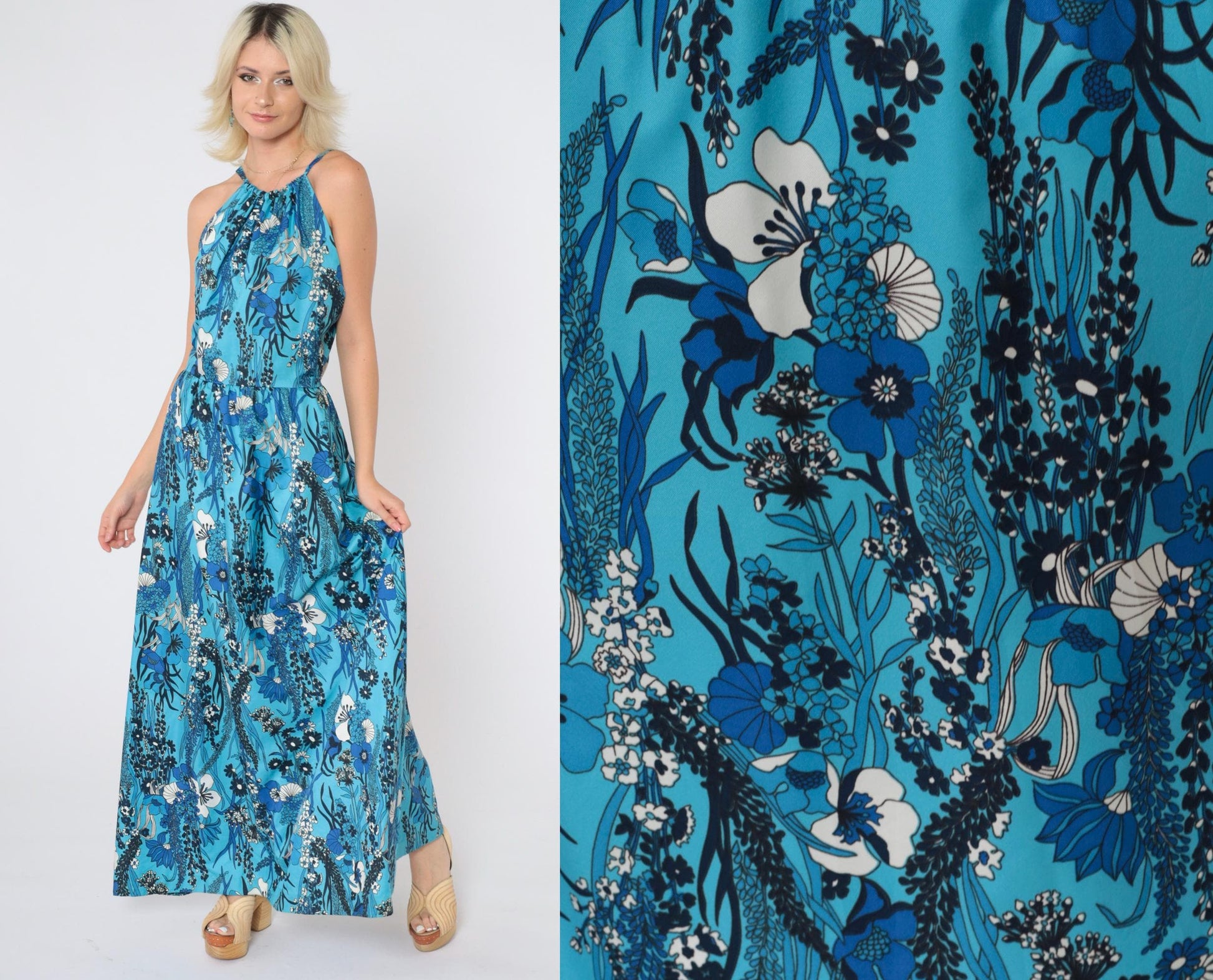 70s Blue Tropical Floral Halter Maxi Dress Deep V Back High Waist Small