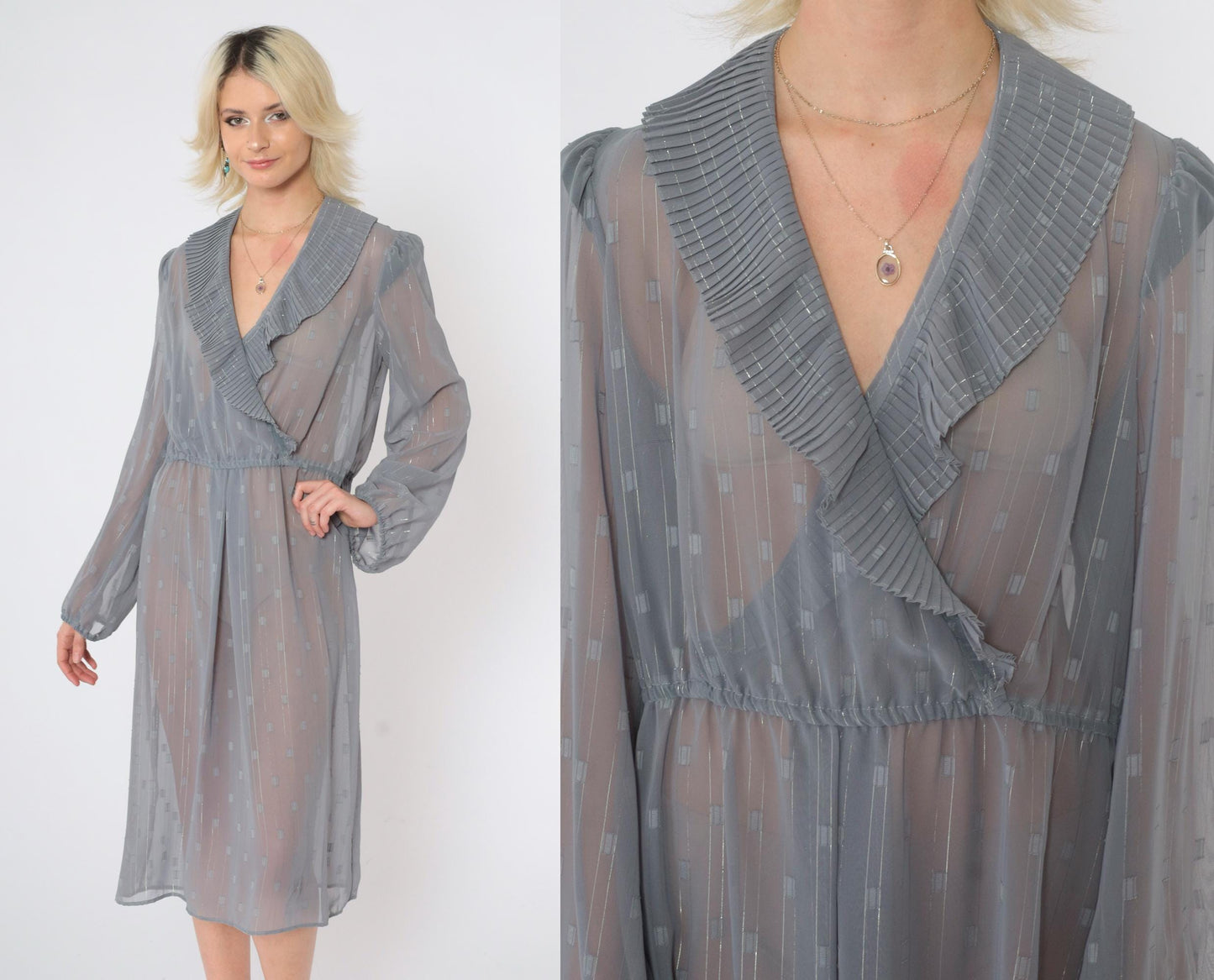 80s Donna Morgan Sheer Grid Midi Dress Grey Metallic Puff Sleeve Deep V Large