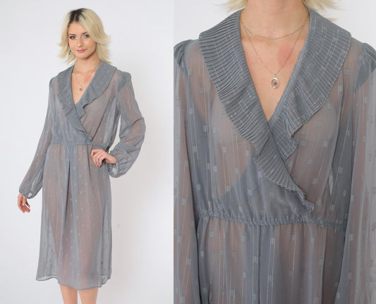 80s Donna Morgan Sheer Grid Midi Dress Grey Metallic Puff Sleeve Deep V Large
