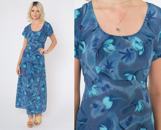90s All That Jazz Blue Floral Empire Waist Maxi Dress Short Sleeve Medium