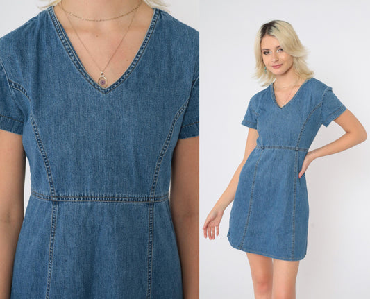 90s Laura Ashley Blue Denim Mini Dress Empire Waist V Neck Small 6
