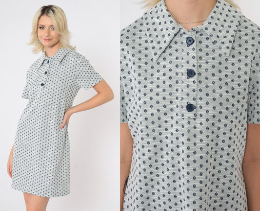 60s Mod Shift Dress Mini Geometric Dot Print Grey Button-Up Medium M