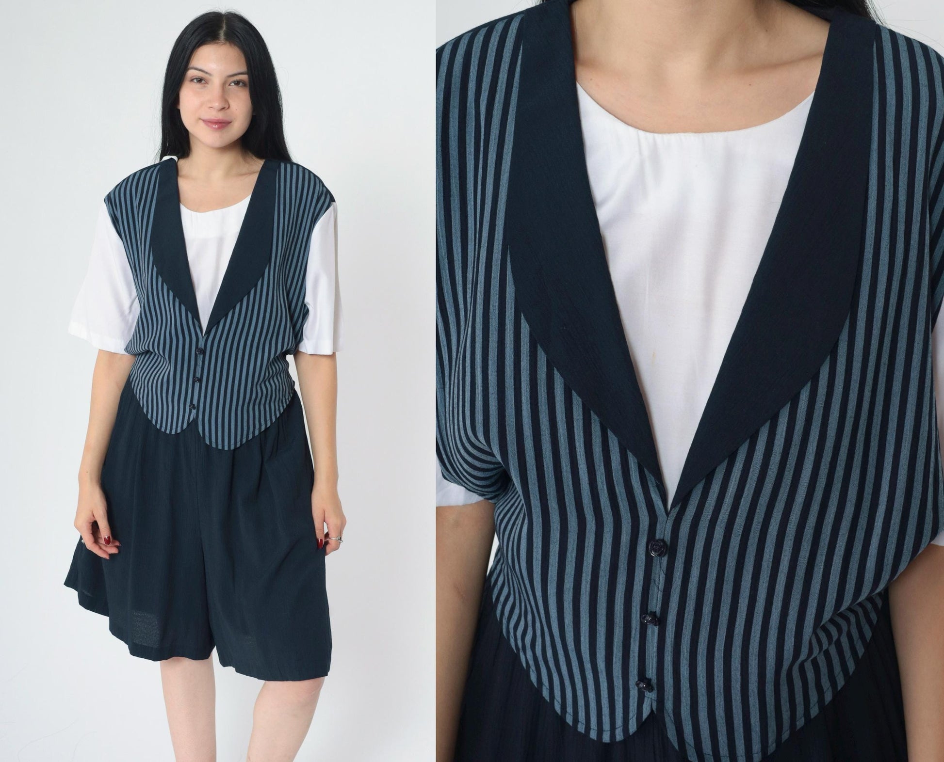 90s Navy Striped Vest Romper Wide Leg Shorts Button Up Large L