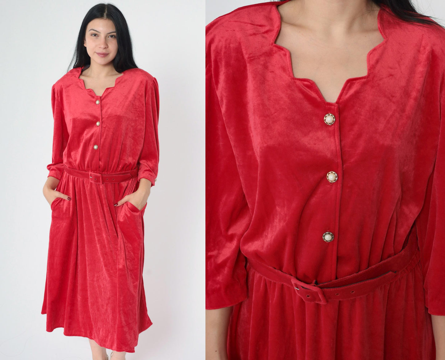 00s Red Velour Midi Dress Puff Sleeve Scallop Neck Button Up High Waist Large