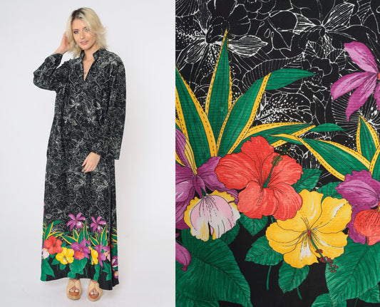 70s Black Floral Maxi Dress Hibiscus Print Front Zip Wide Sleeve Large L