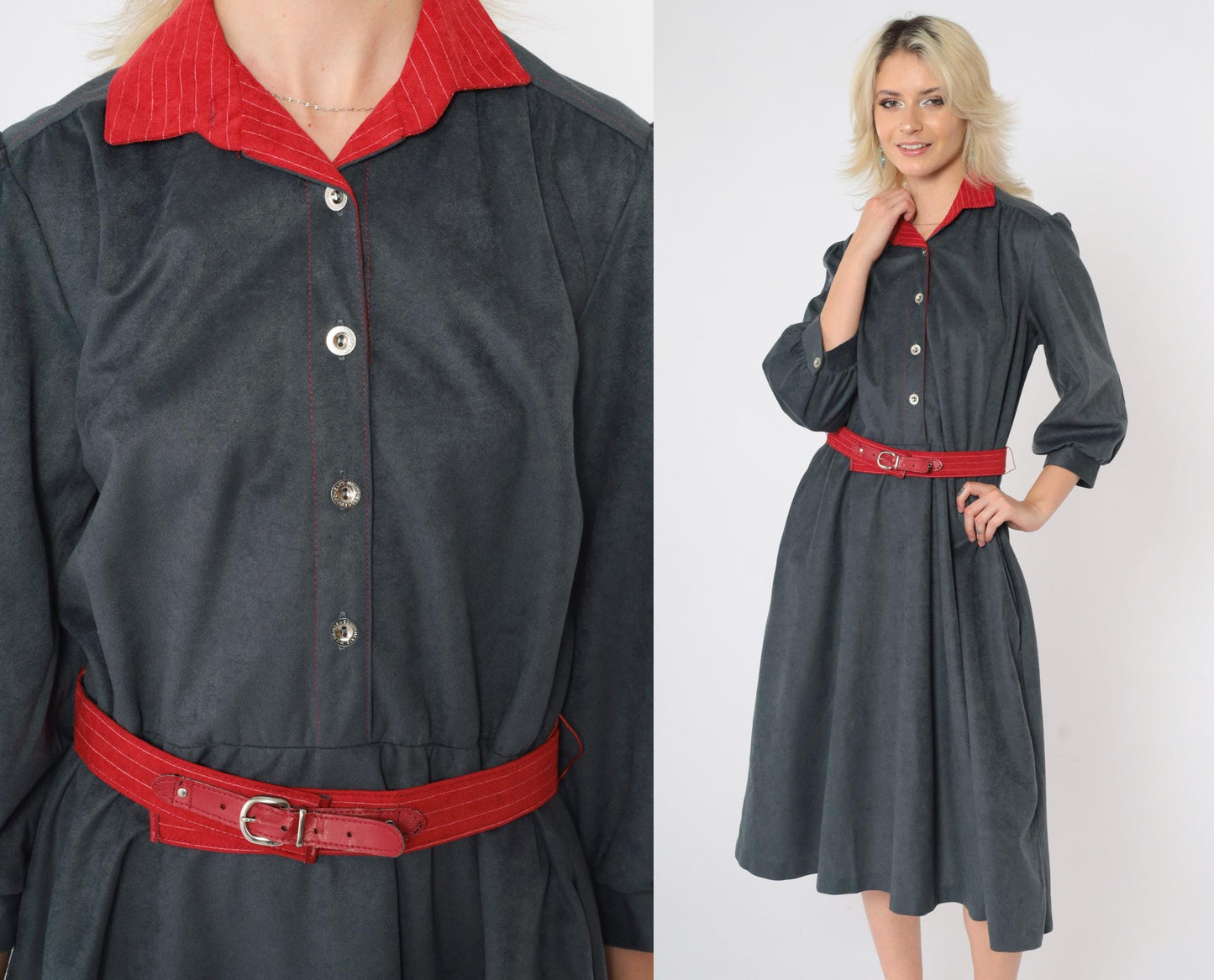 80s Velour Shirtdress Grey Red Contrast Puff Sleeve Midi Belted Medium