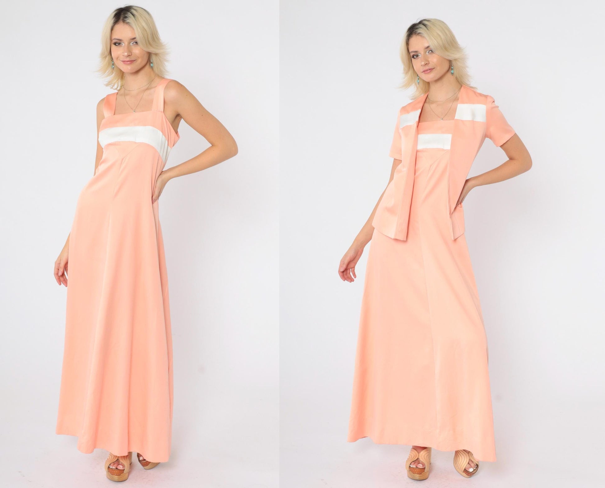 70s Peach Striped Empire Waist Maxi Dress & Jacket Set Extra Small