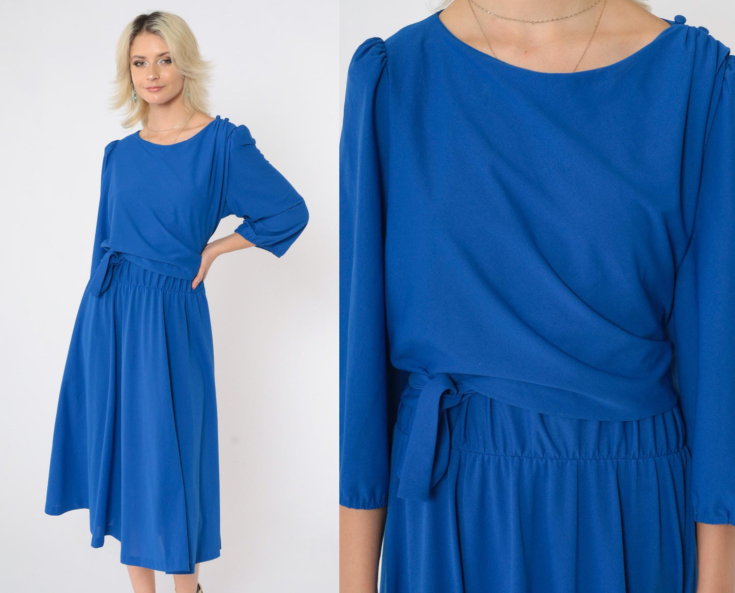 80s Royal Blue Midi Dress Puff Sleeve Wrap Panel Elastic Waist Large L