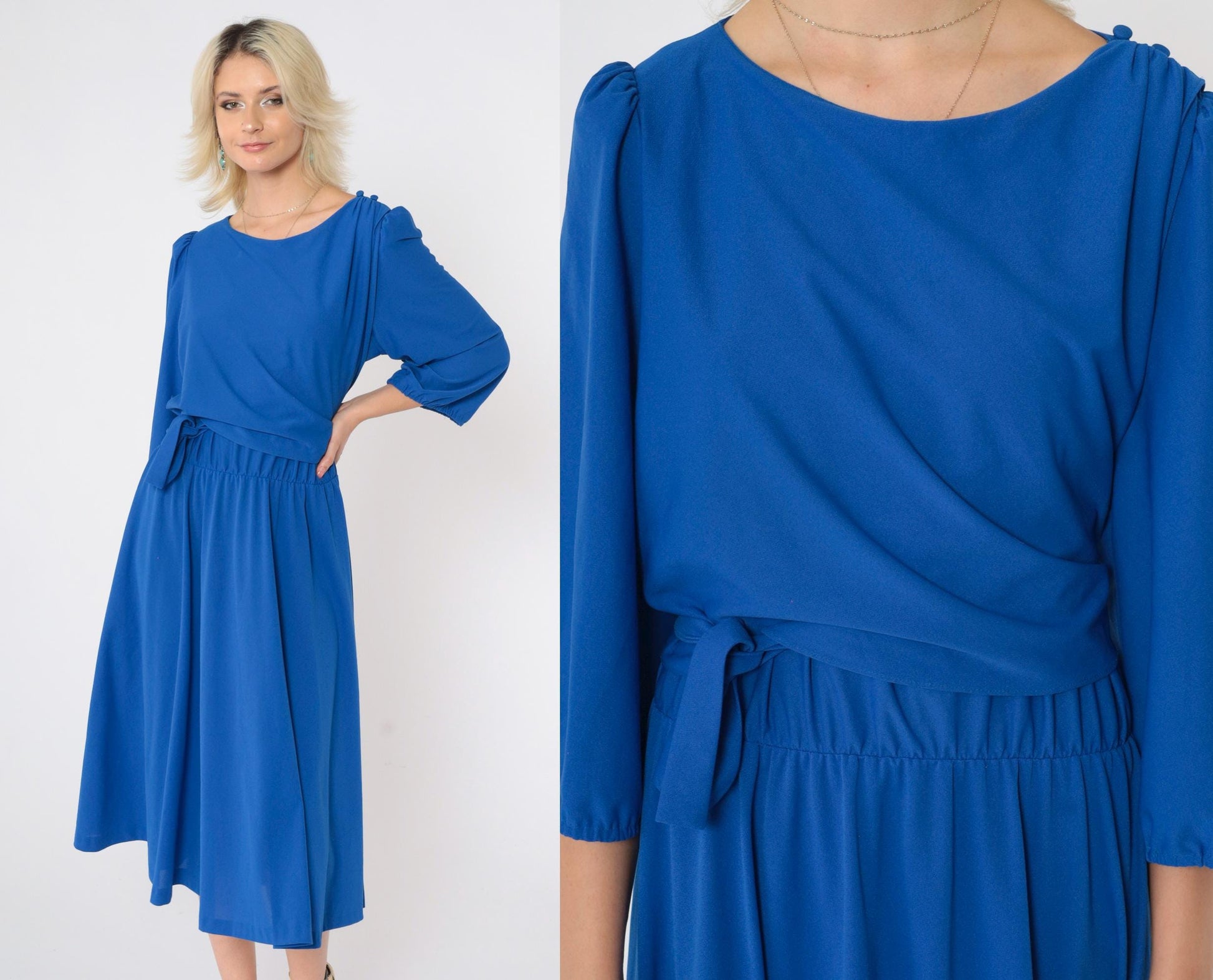 80s Royal Blue Midi Dress Puff Sleeve Wrap Panel Elastic Waist Large L