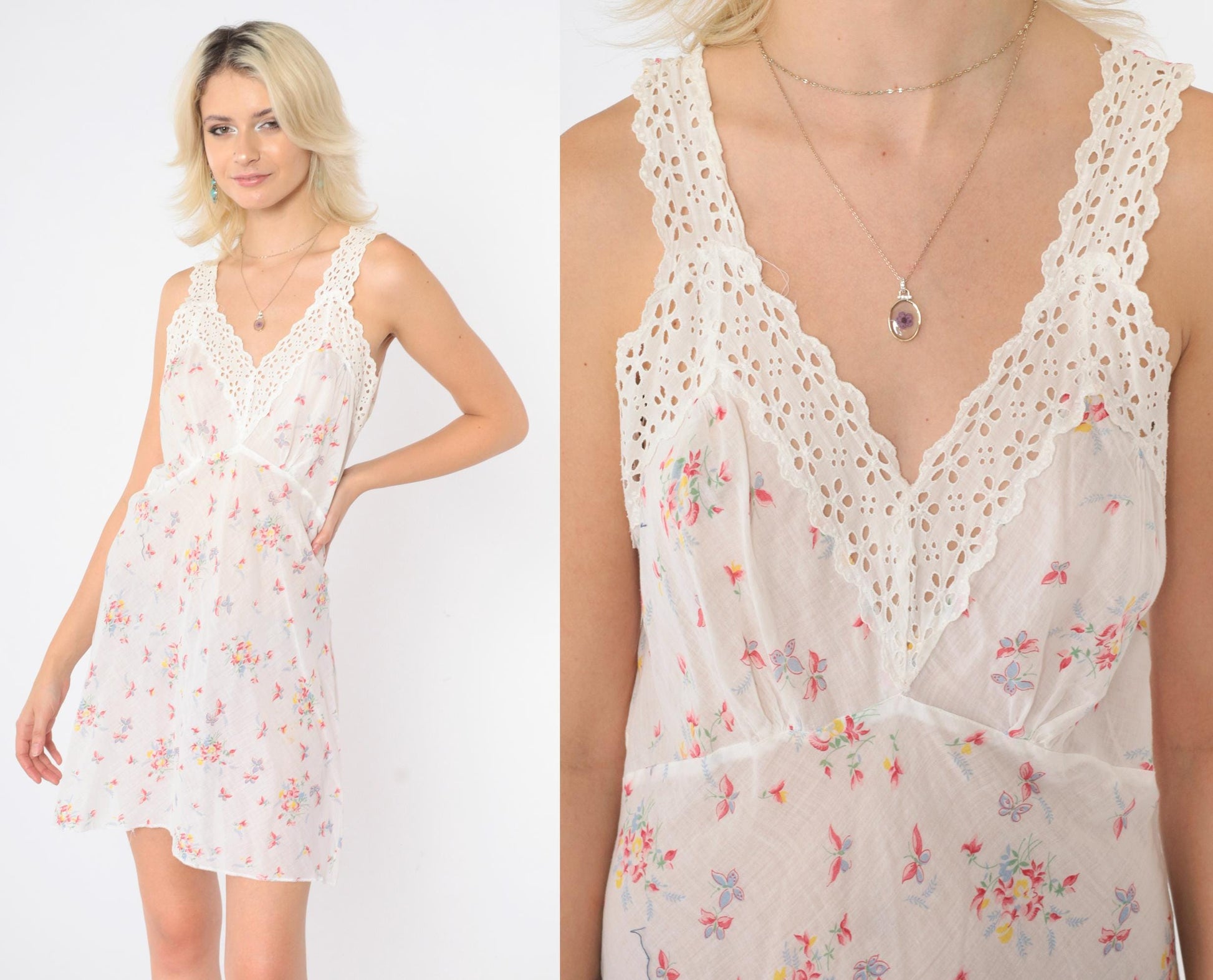 70s Floral Butterfly Slip Dress White Eyelet Lace Mini V-Neck Medium