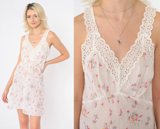 70s Floral Butterfly Slip Dress White Eyelet Lace Mini V-Neck Medium