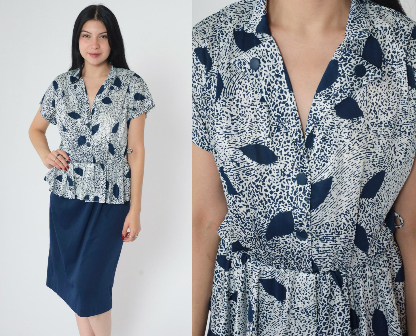 80s Abstract Peplum Midi Dress Blue White V Neck Button Up High Waisted Medium Large
