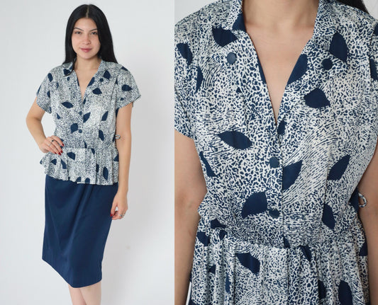 80s Abstract Peplum Midi Dress Blue White V Neck Button Up High Waisted Medium Large