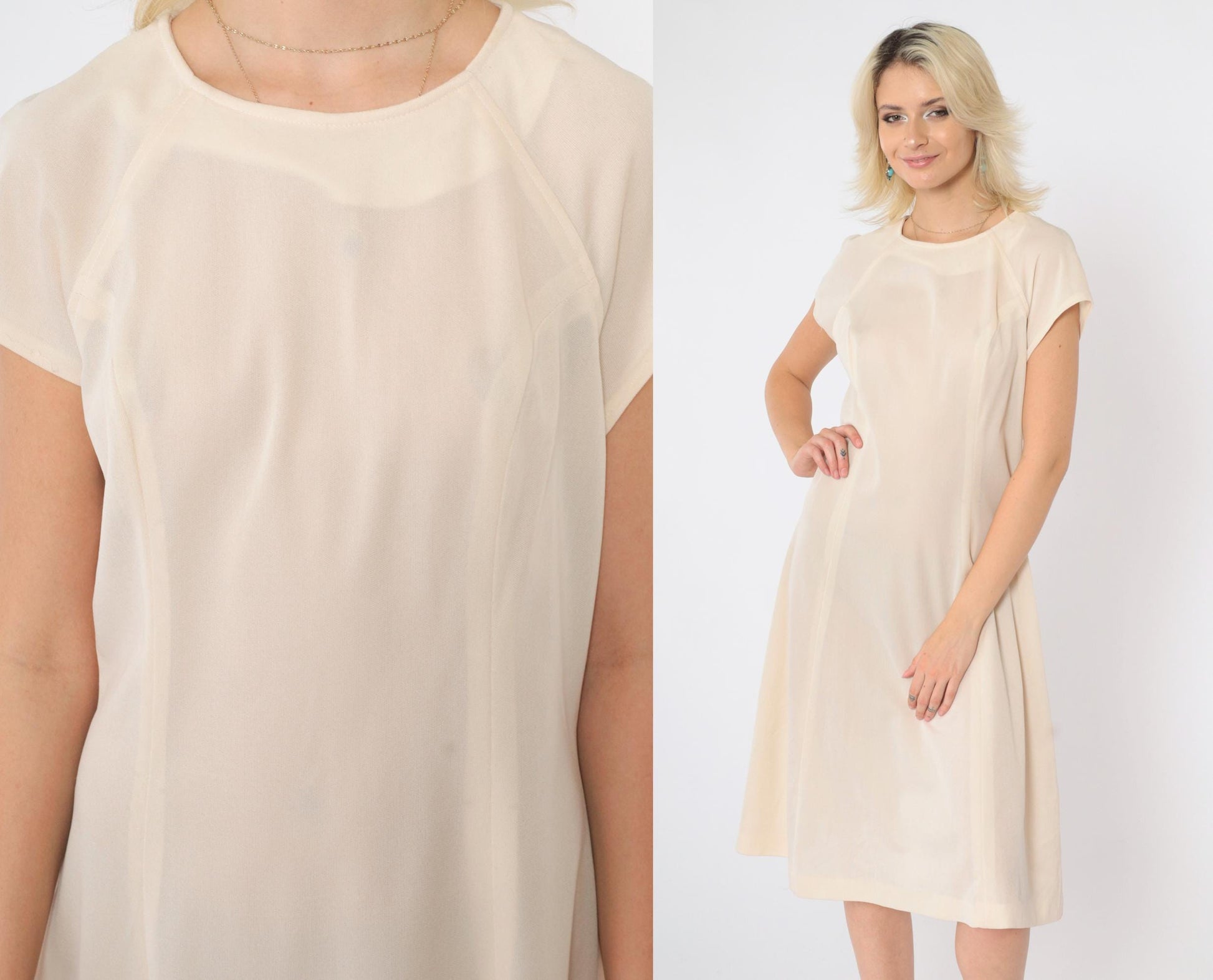 60s Mod Shift Dress Cream Semi-Sheer Raglan Midi Small Medium