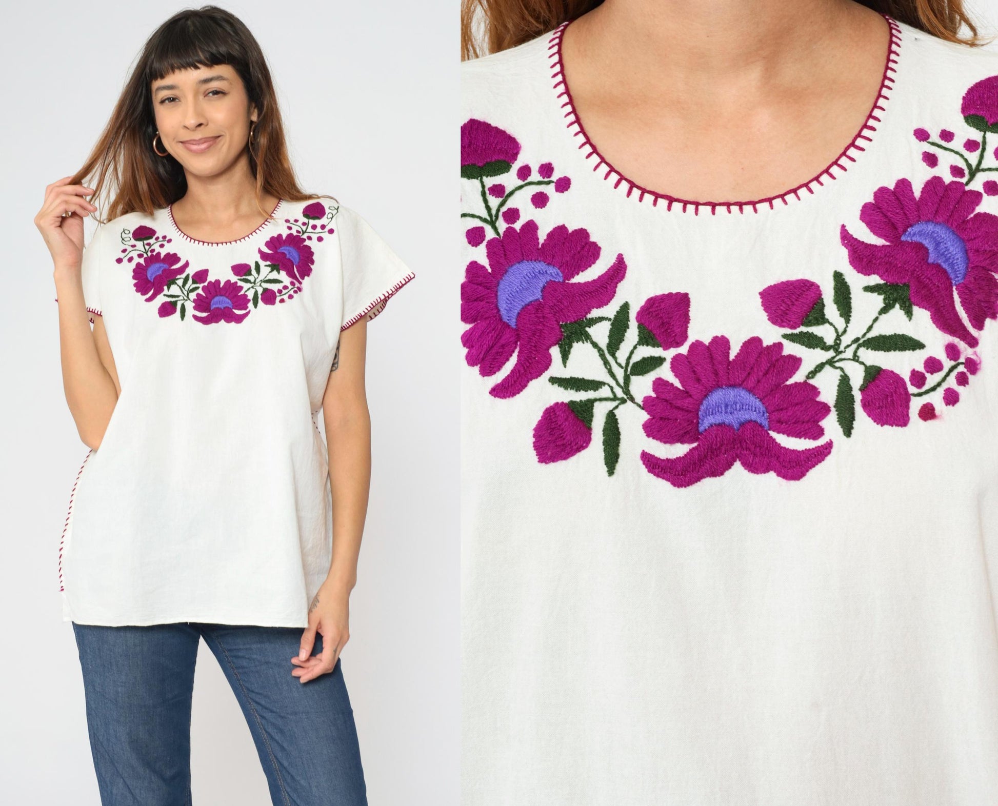 90s Mexican Embroidered Tunic Blouse White Purple Floral Large