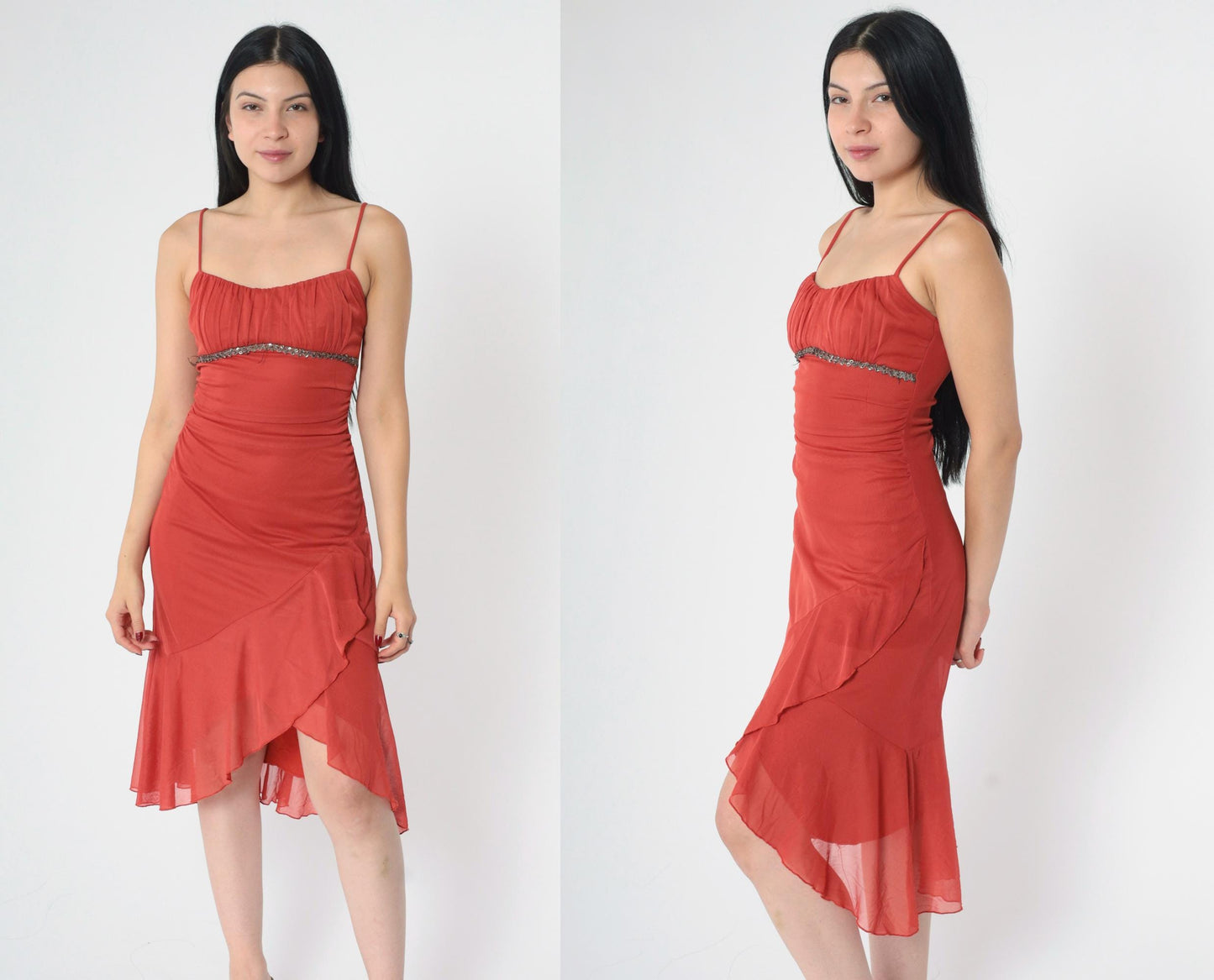 Y2K Ruby Rox Rust Midi Dress Ruched Spaghetti Strap Bodycon Asymmetrical Small