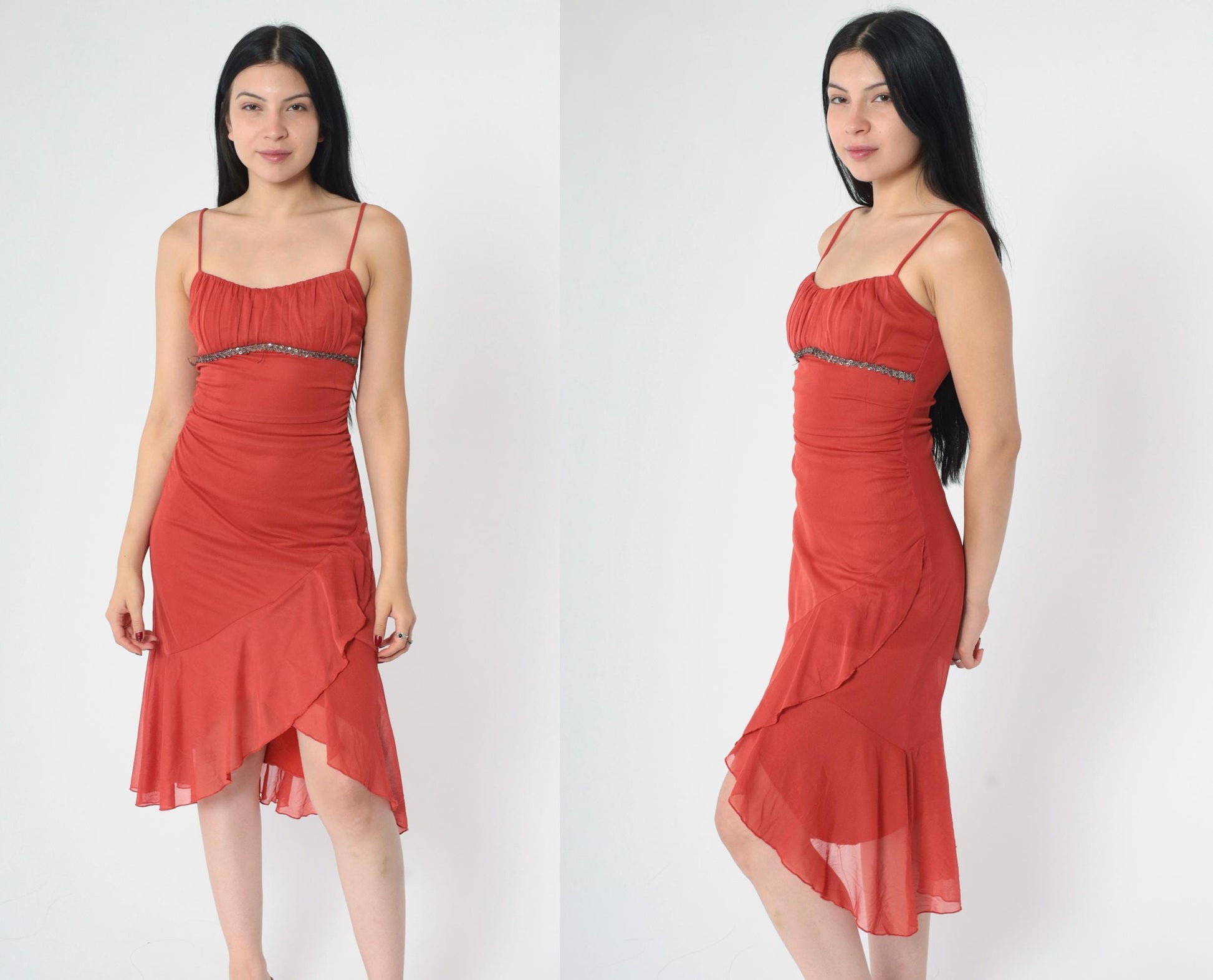 Y2K Ruby Rox Rust Midi Dress Ruched Spaghetti Strap Bodycon Asymmetrical Small