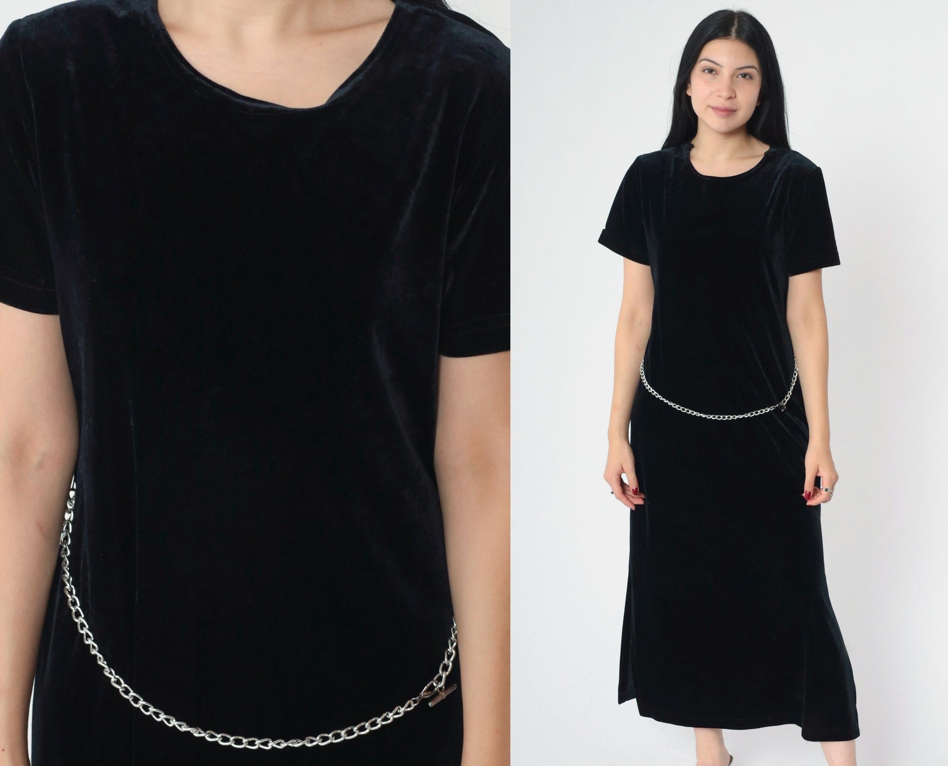 90s Ronni Nicole Black Velvet Midi Dress Chain Belt Side Slit Medium Petite
