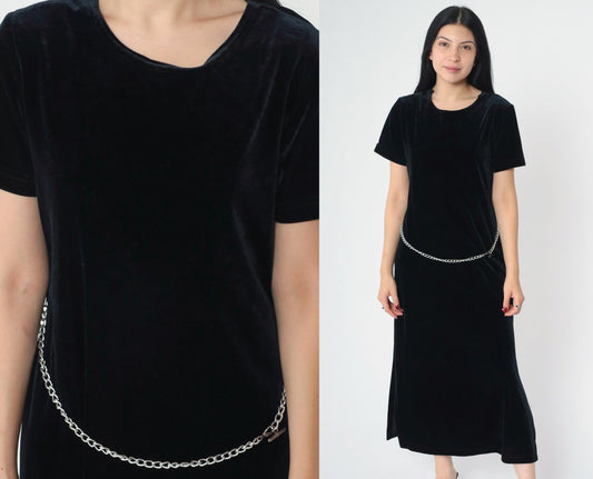 90s Ronni Nicole Black Velvet Midi Dress Chain Belt Side Slit Medium Petite
