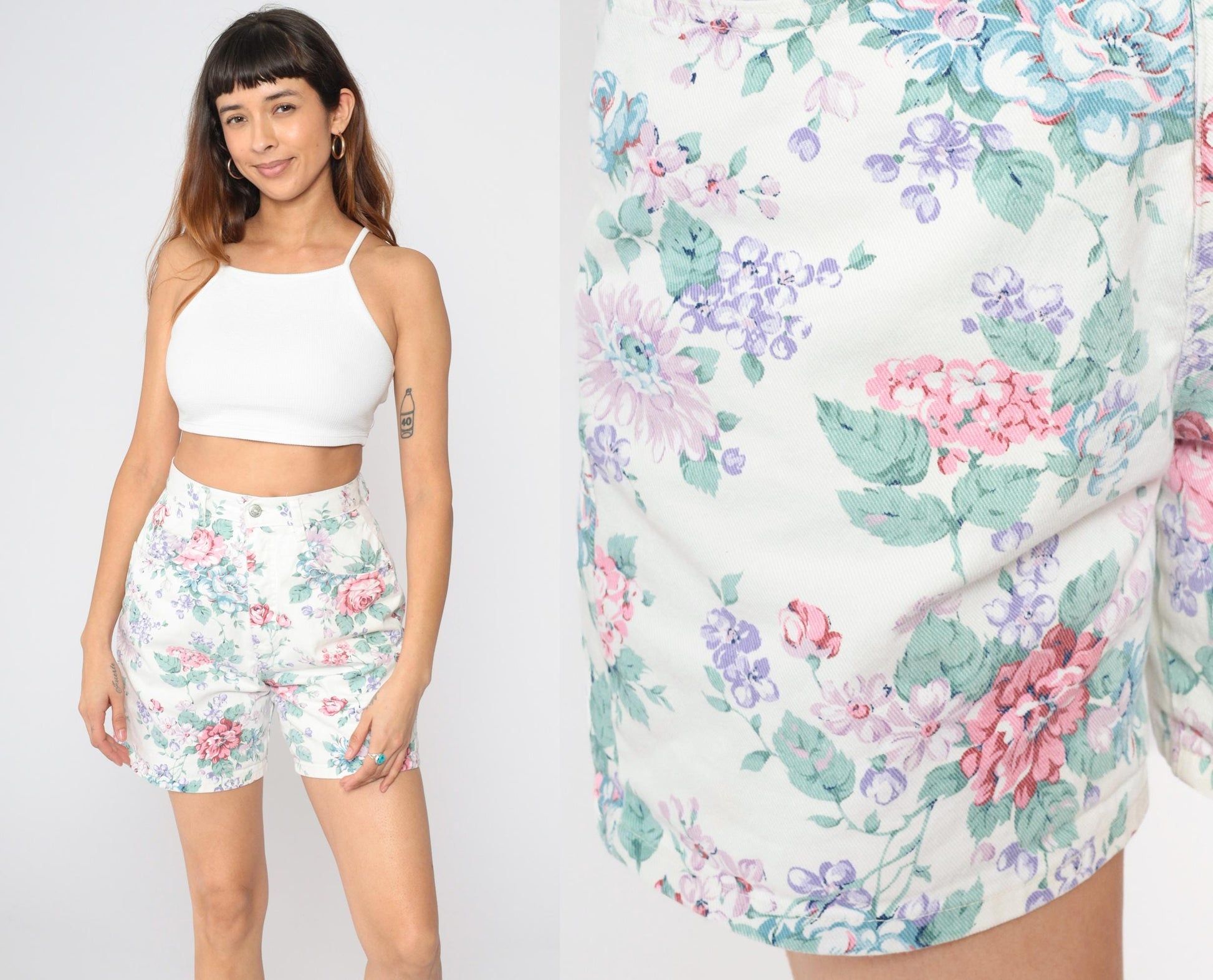90s Floral Denim Shorts White High Waist Pink Purple Rose Print Small