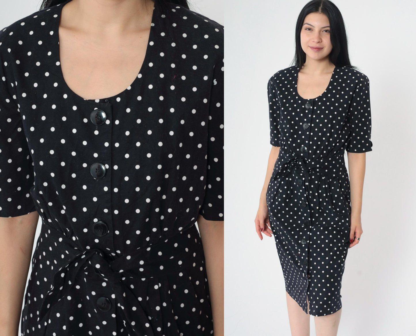 90s Black Polka Dot Midi Dress Button-Up Cotton High Waist Medium