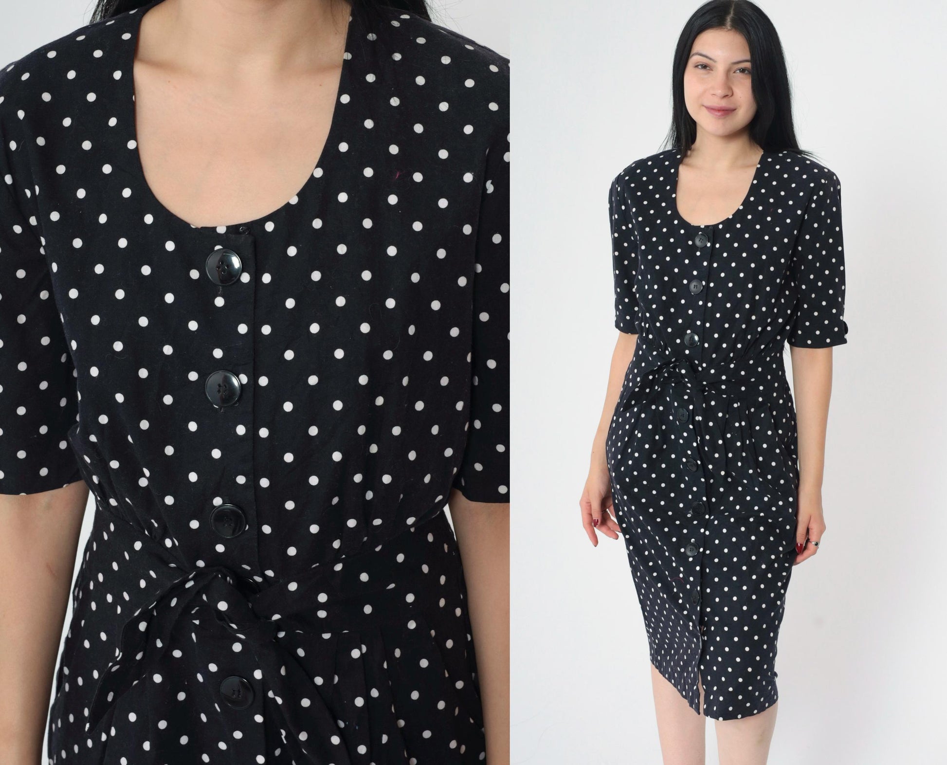90s Black Polka Dot Midi Dress Button-Up Cotton High Waist Medium