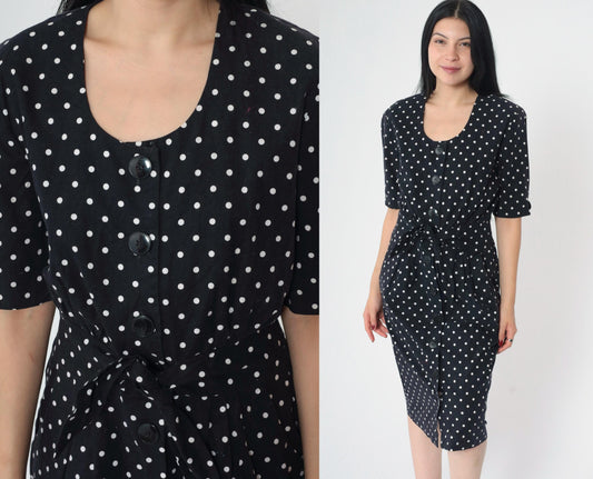 90s Black Polka Dot Midi Dress Button-Up Cotton High Waist Medium