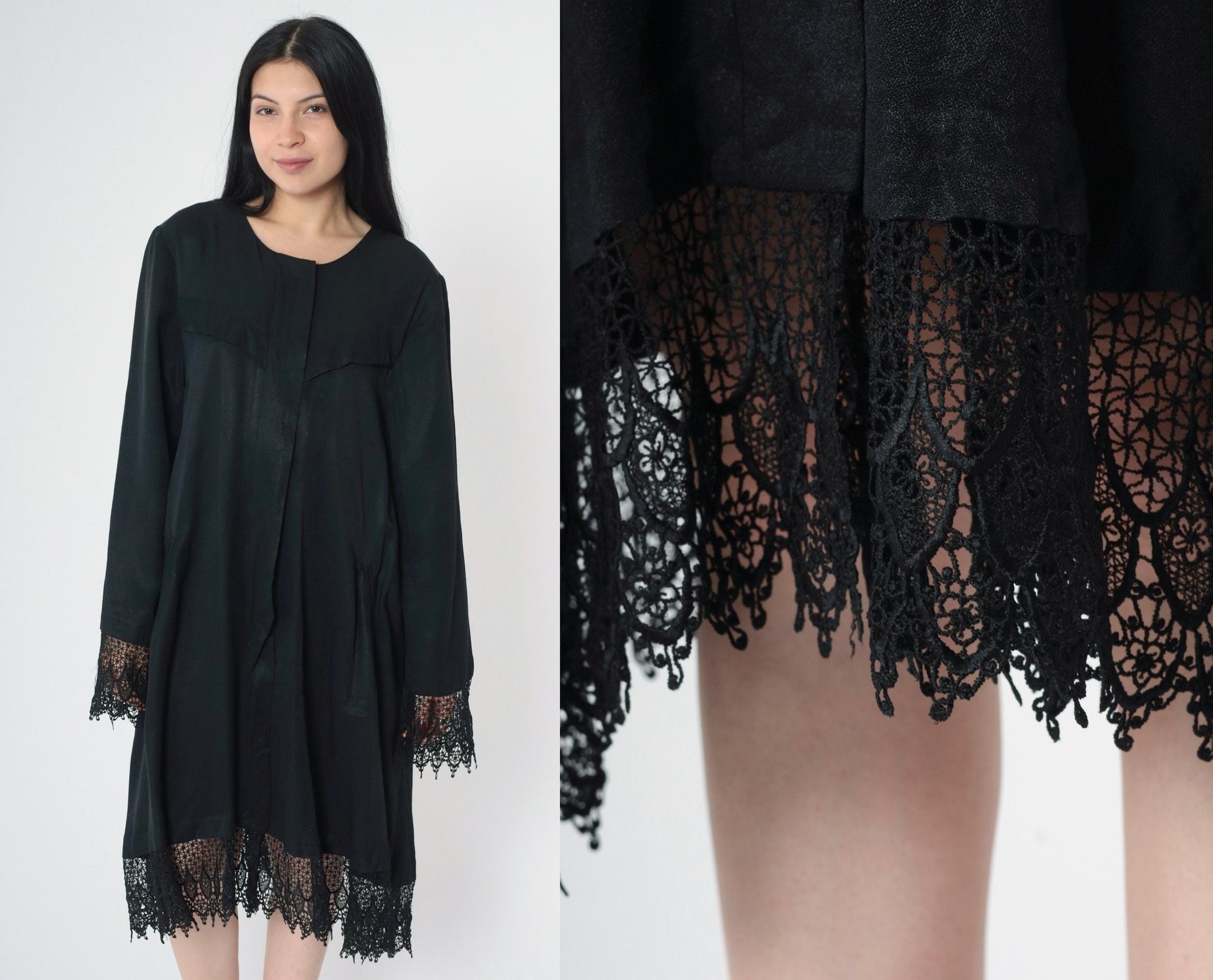 90s Black Lace Trim Button-Up Midi Dress Western Yoke Long Sleeve Extra Large XXL