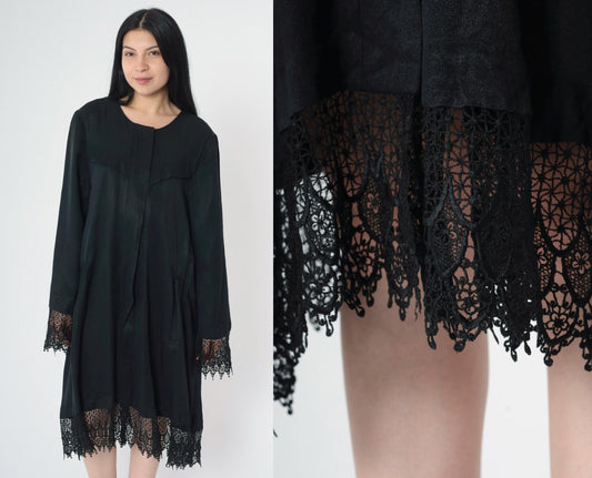 90s Black Lace Trim Button-Up Midi Dress Western Yoke Long Sleeve Extra Large XXL