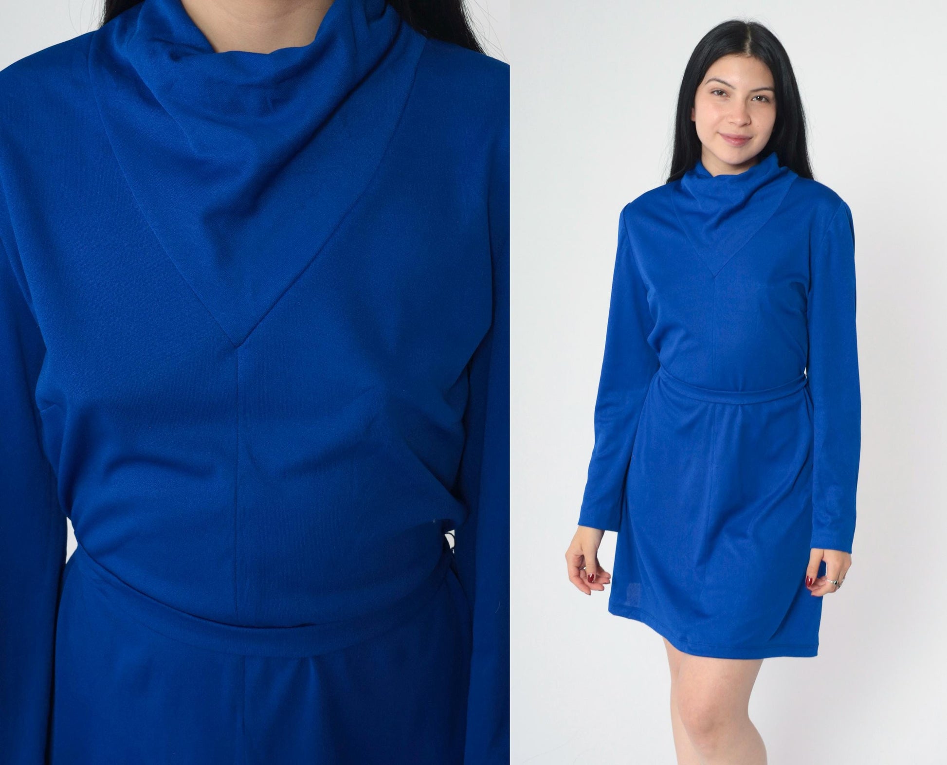 70s L'Aiglon Royal Blue Mini Shift Dress Cowl Neck Long Sleeve Medium M