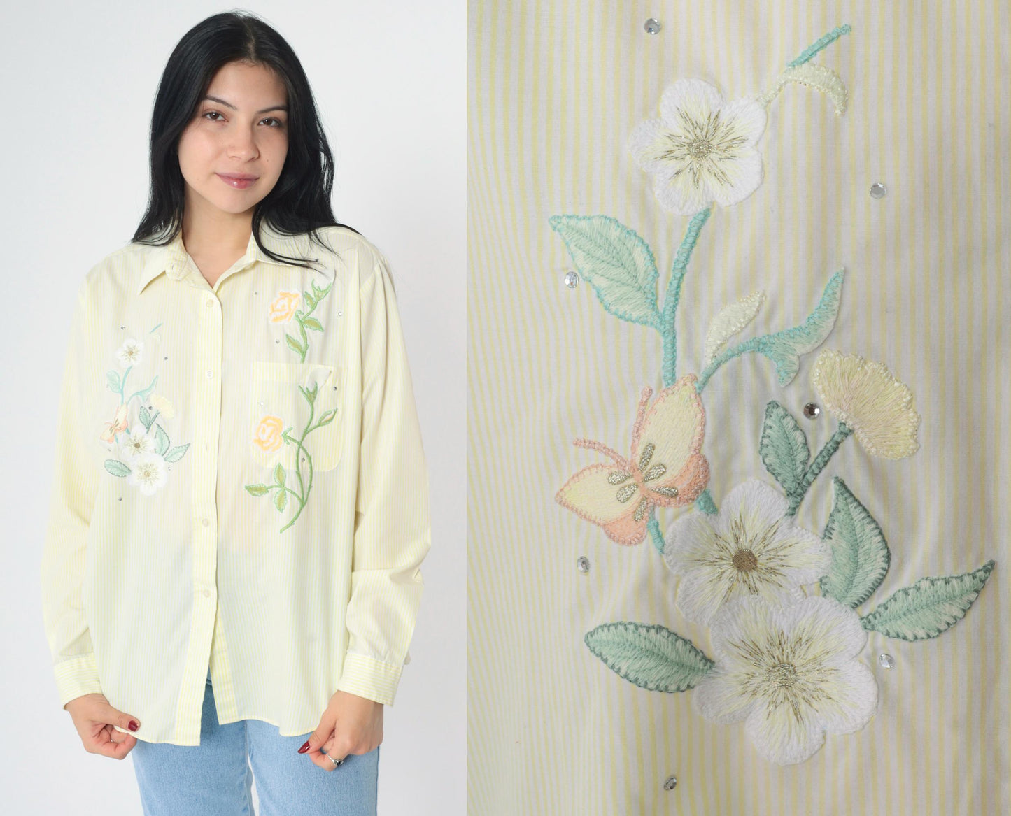 90s Apache Yellow Striped Floral Embroidered Rhinestone Button Up Blouse Medium