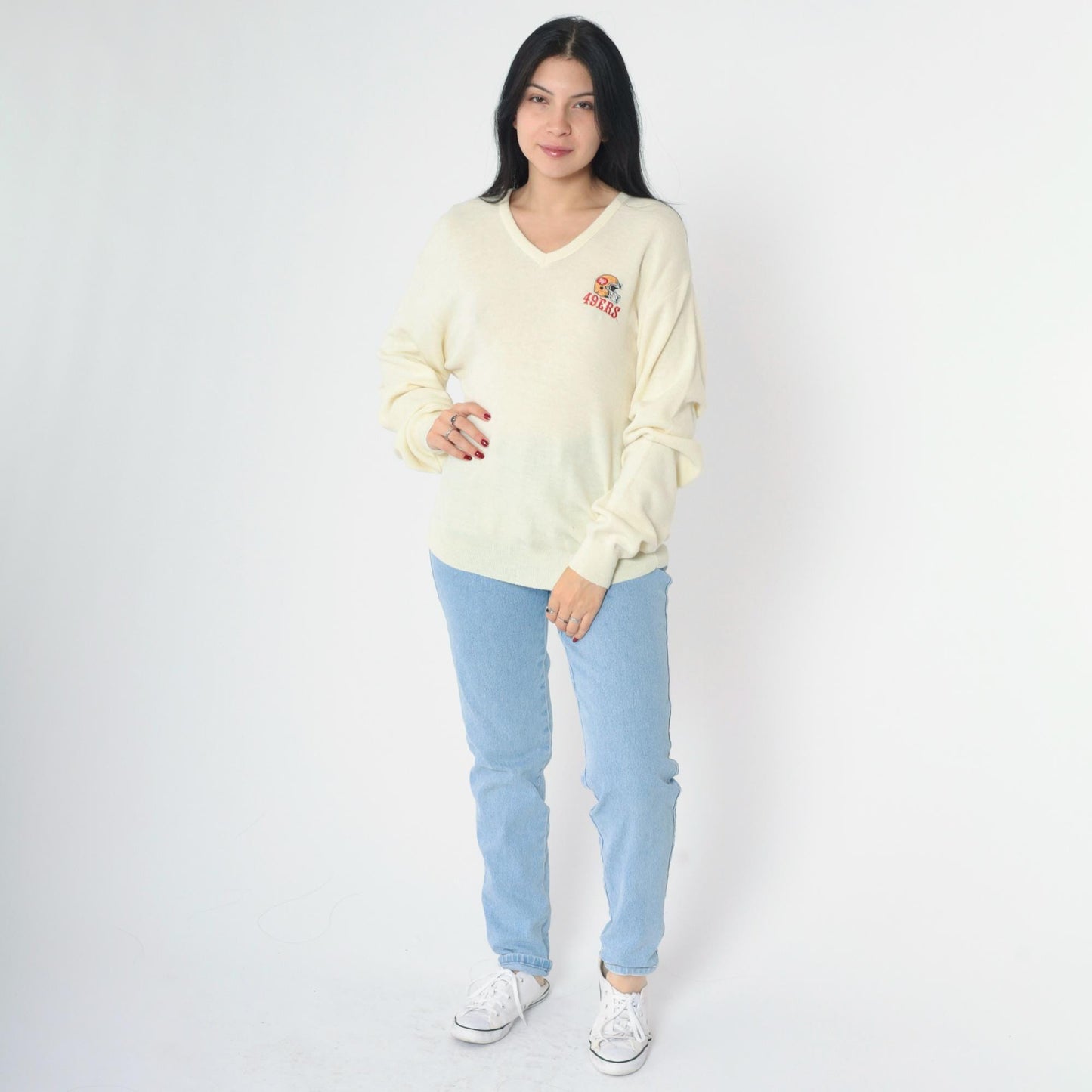 80s San Francisco 49ers Logo 7 NFL Sweater Cream V-Neck Large