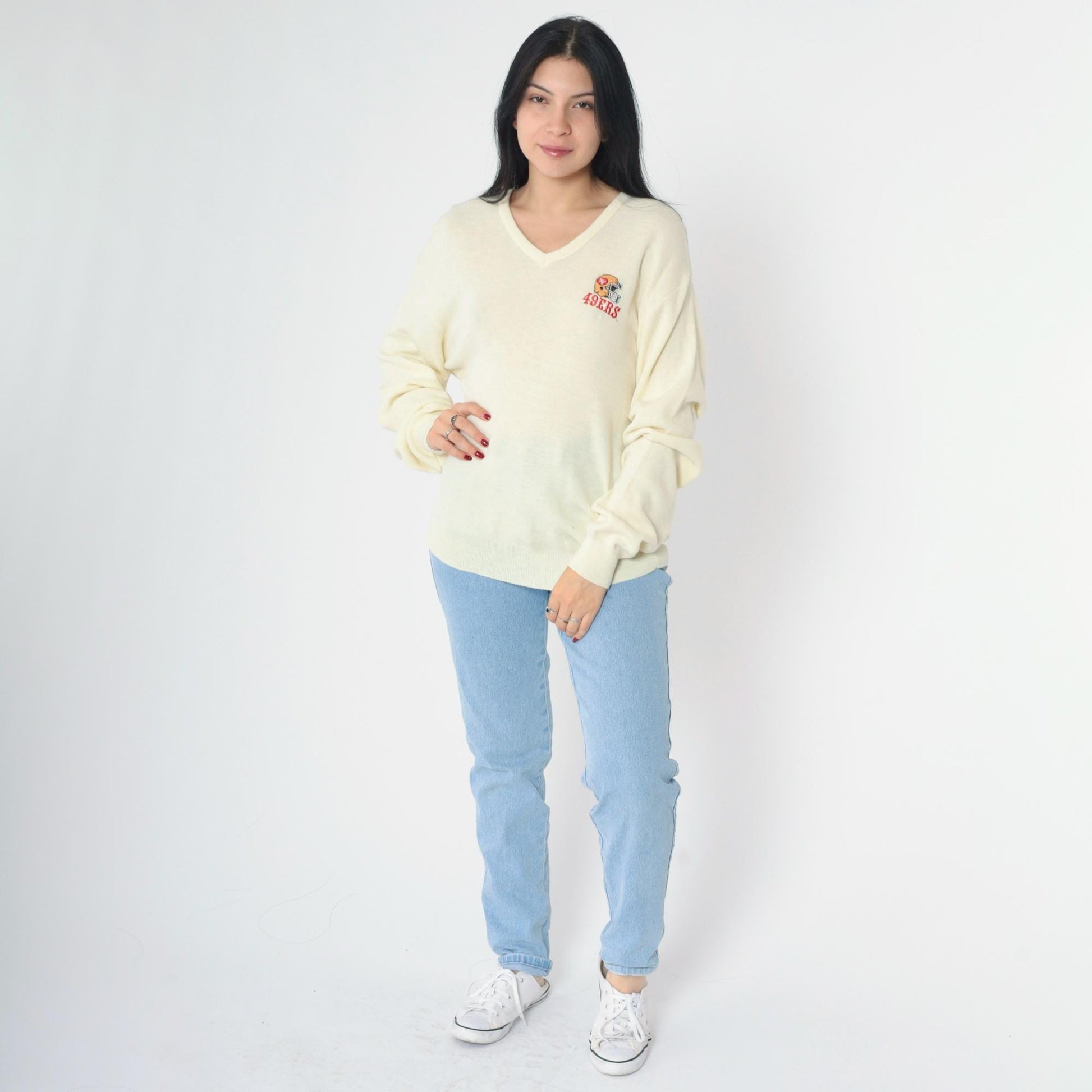 80s San Francisco 49ers Logo 7 NFL Sweater Cream V-Neck Large