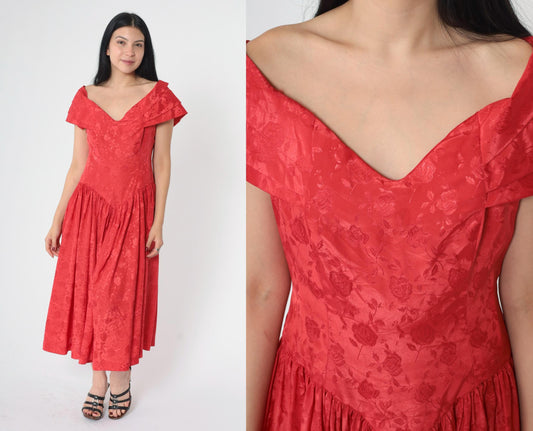 80s Red Floral Jacquard Midi Dress Off-Shoulder Pleated Collar Medium