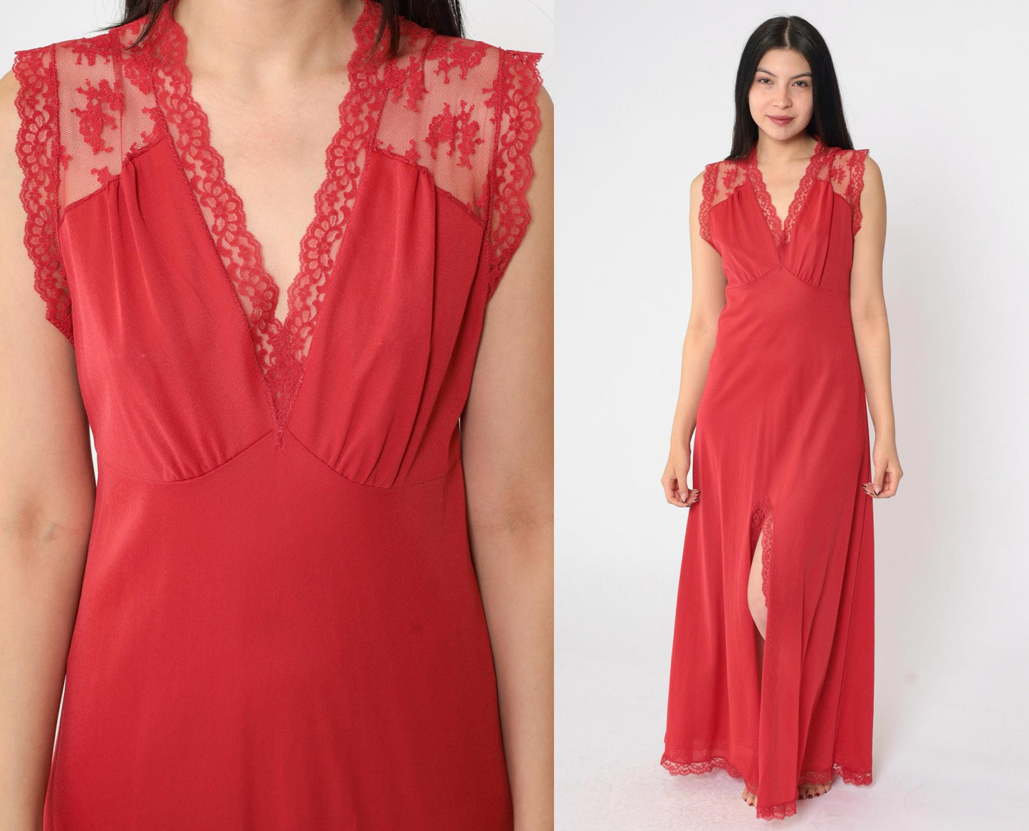 80s Gossard Artemis Red Lace Nightgown Maxi Deep V Open Back Medium