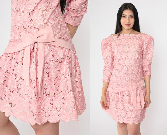 80s Baby Pink Lace Mini Dress Puff Sleeve Drop Waist Bow Extra Small