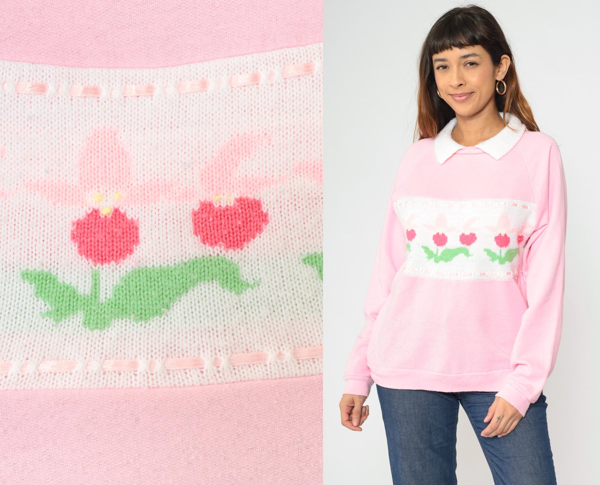 90s Pink Floral Knit Sweatshirt White Collar Raglan Pullover Medium