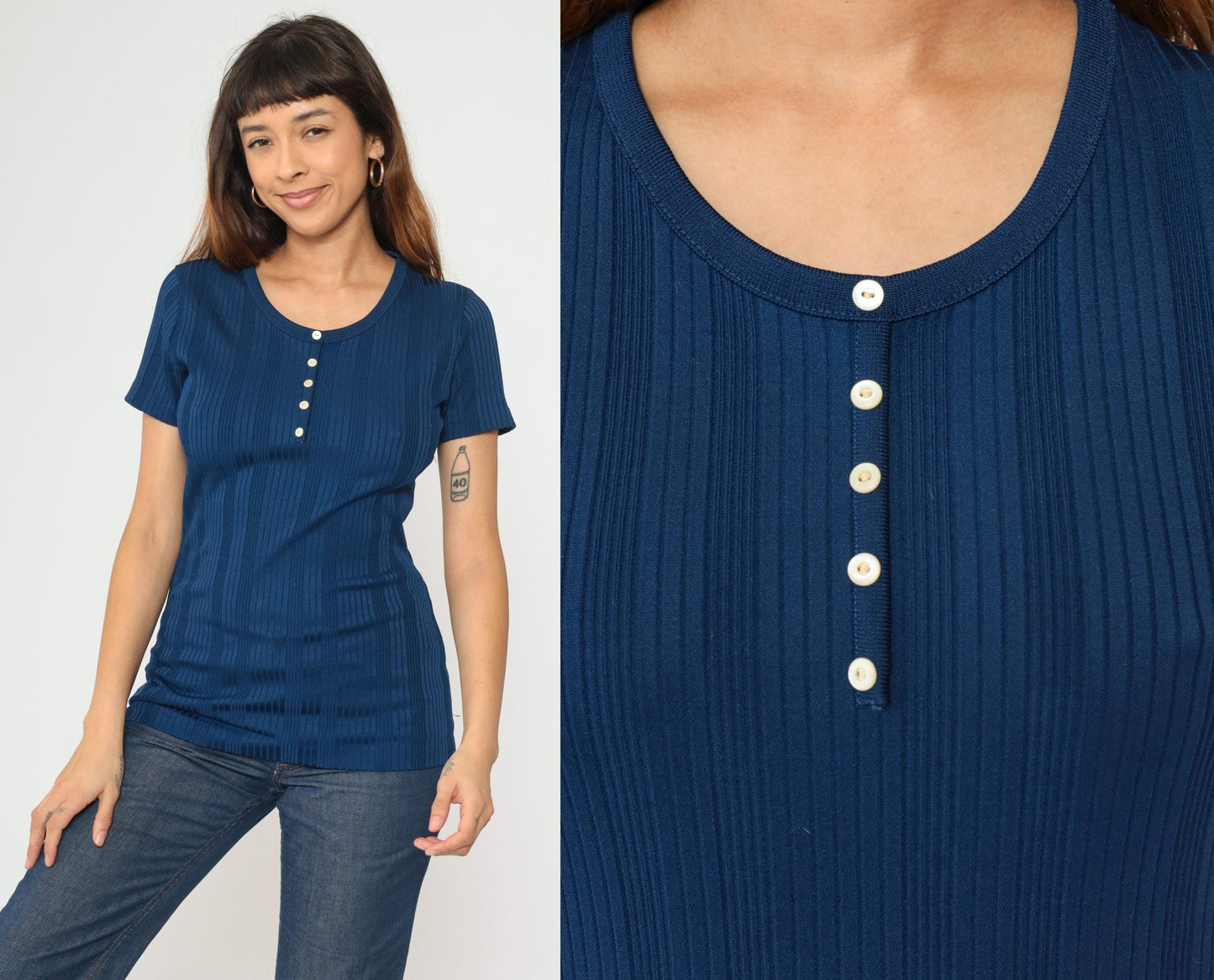 70s Navy Ribbed Polyester Baby Tee Scoop Neck Button Front Medium