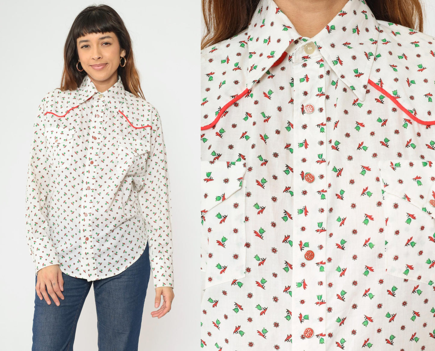 70s Floral Western Shirt White Green Red Piping Button Up Men's Medium