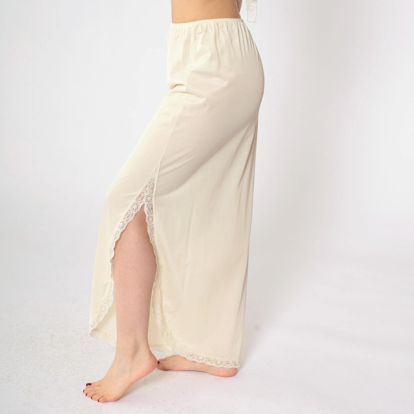 80s Cream Nylon Maxi Slip Skirt Lace Trim Side Slit Small S