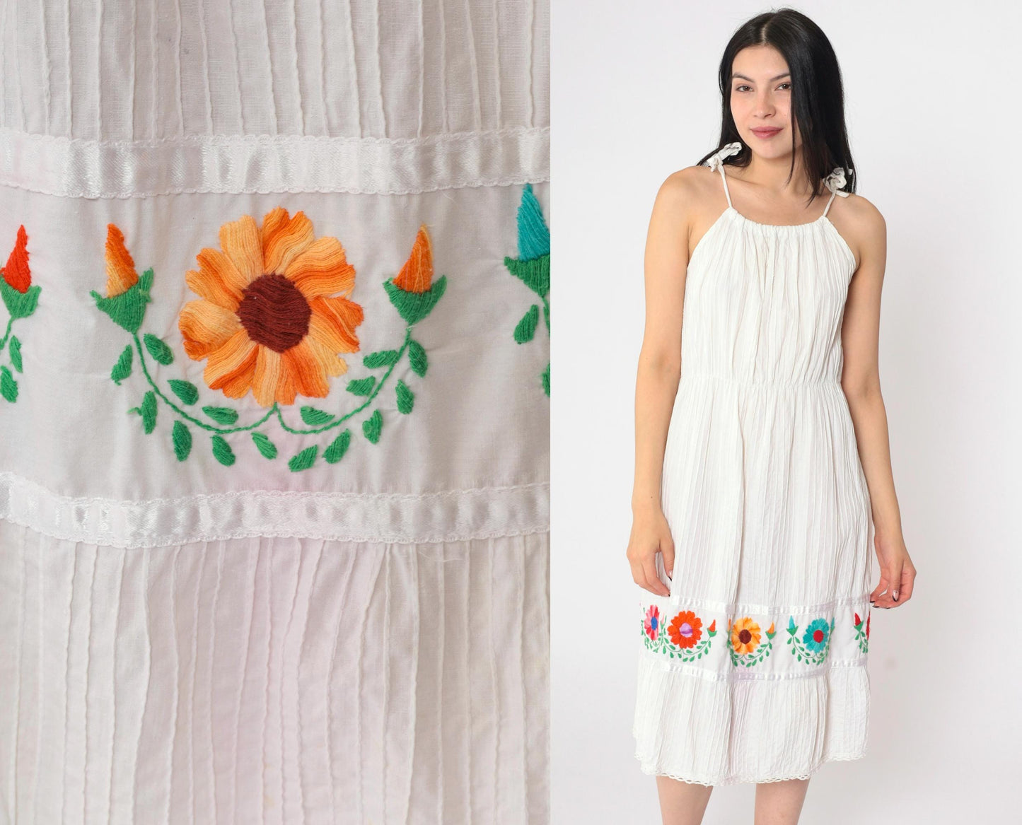80s Mexican Floral Embroidered White Midi Dress Spaghetti Strap Medium