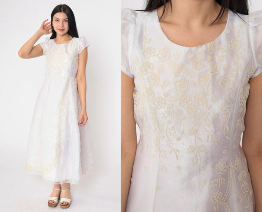90s White Organza Midi Dress Iridescent Floral Appliqué Puff Sleeve Extra Small